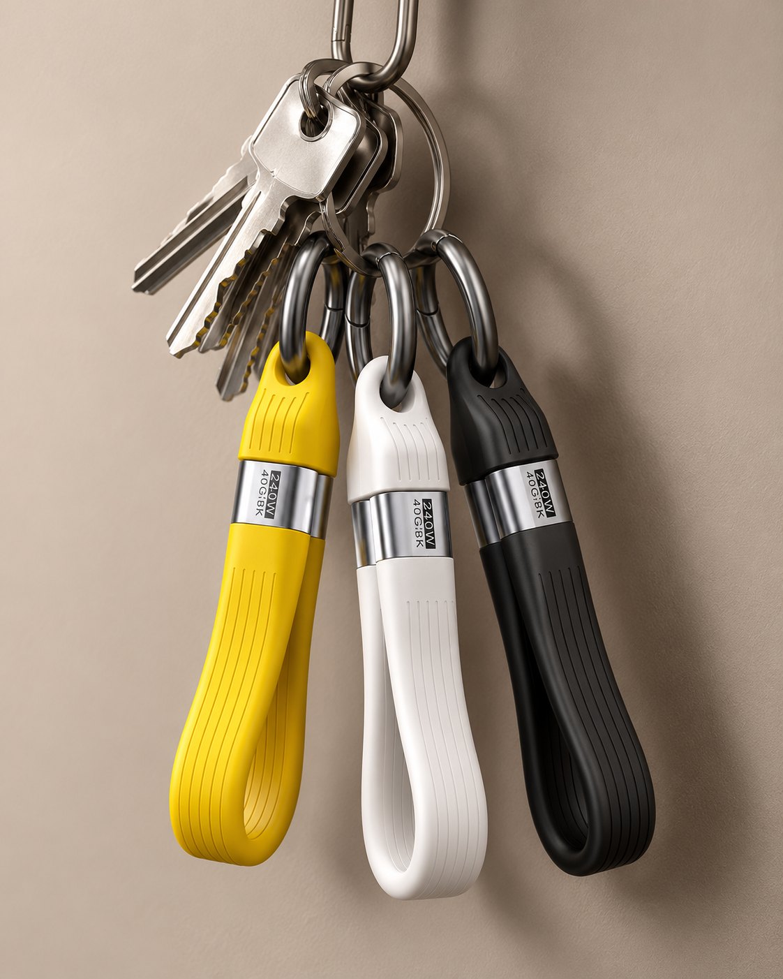 Three Sonik keychain cables in yellow, white and black clipped to a set of keys