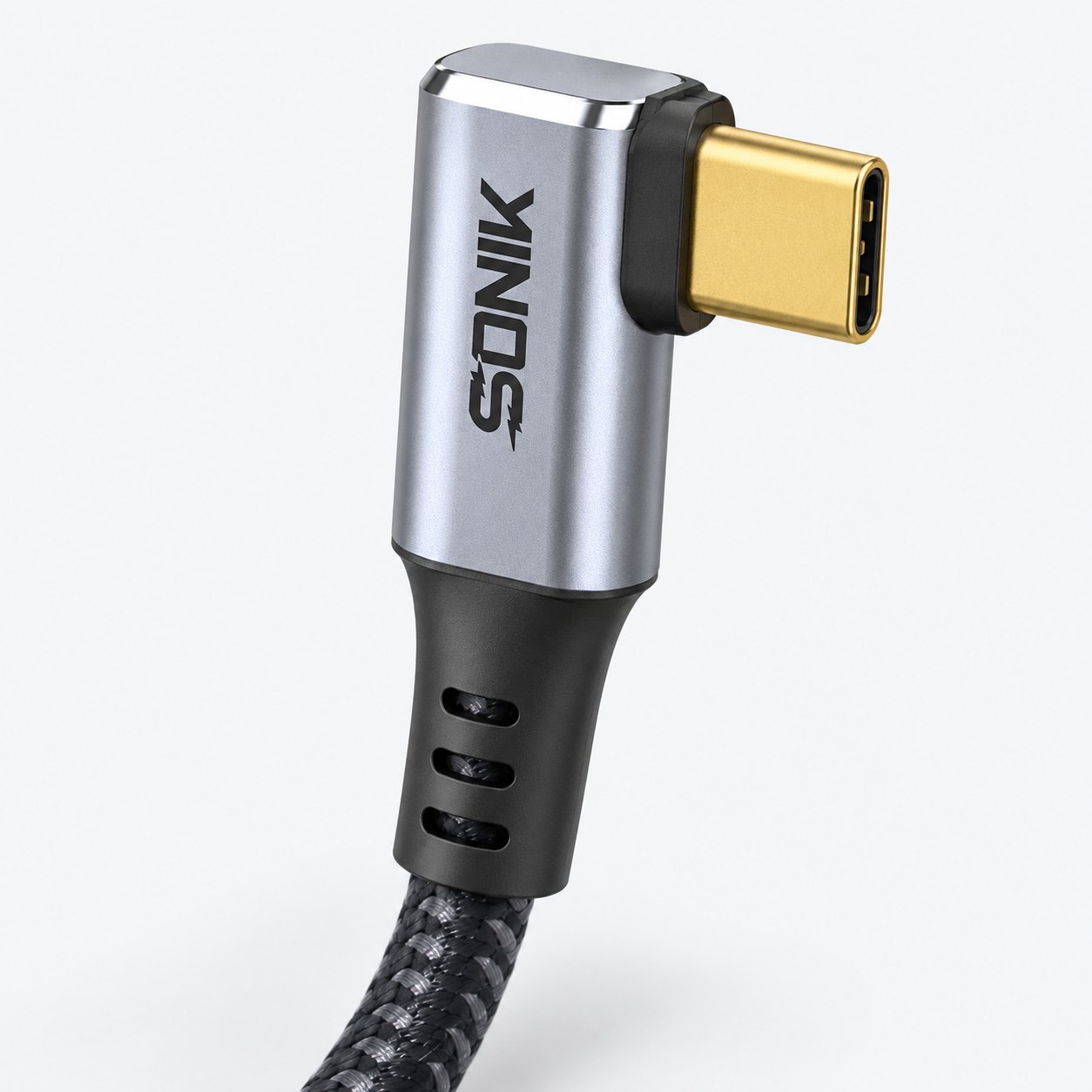 Close-up of the Sonik 90 degree USB-C connector with its aluminium shell and strain relief