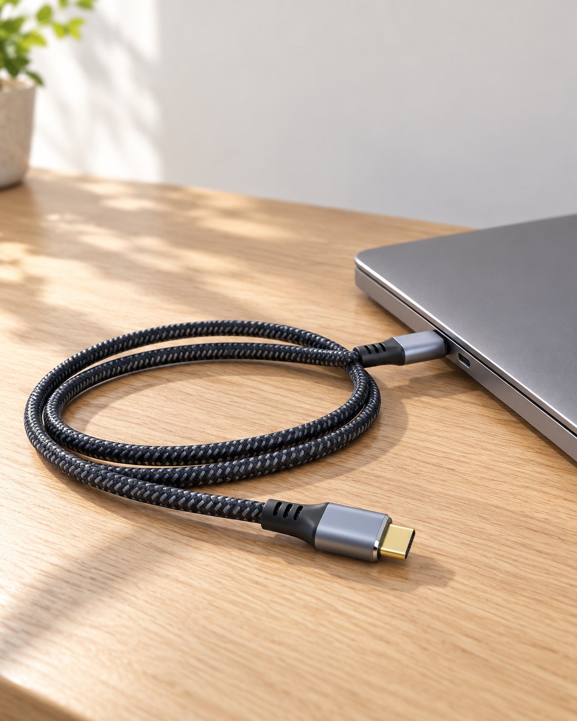 A Sonik braided USB-C cable coiled on a wooden desk, plugged into a laptop